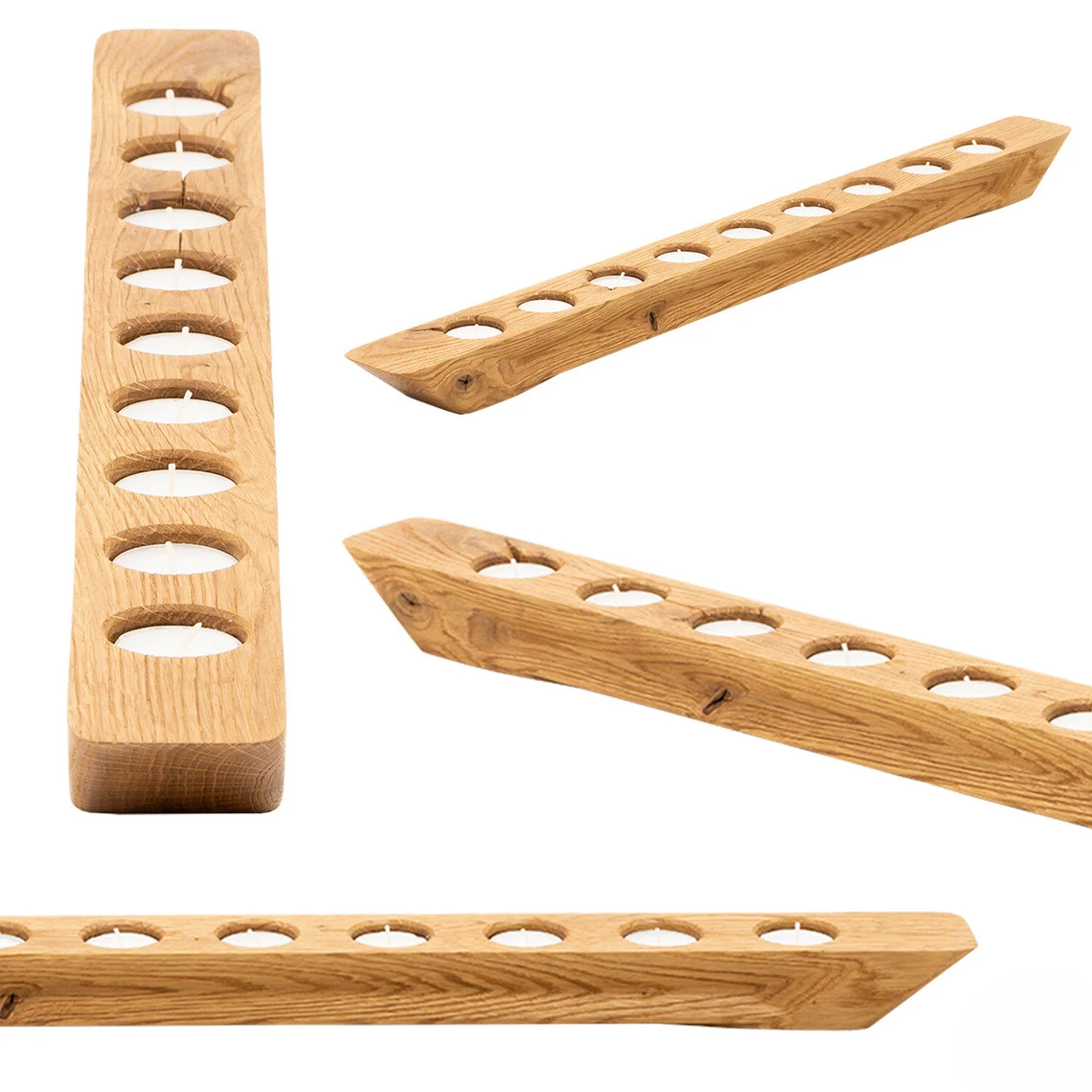 GLARE Kerzenständer aus rustikaler Eiche, handgefertigt, mit sichtbarer Holzmaserung