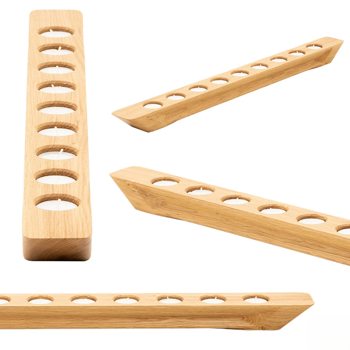 Drei GLARE Kerzenständer aus Eiche, nebeneinander aufgestellt, mit minimalistischer Eleganz