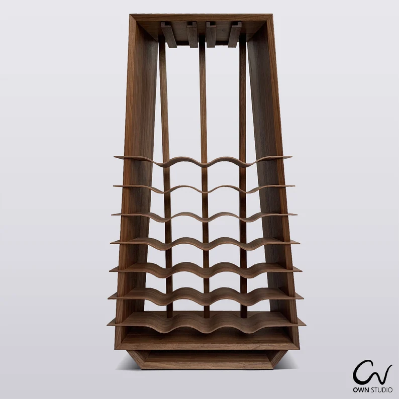 WAVE LOW – Handgefertigtes Weinregal mit Platz für 21 Flaschen und Glasaufhängung – Bild 3