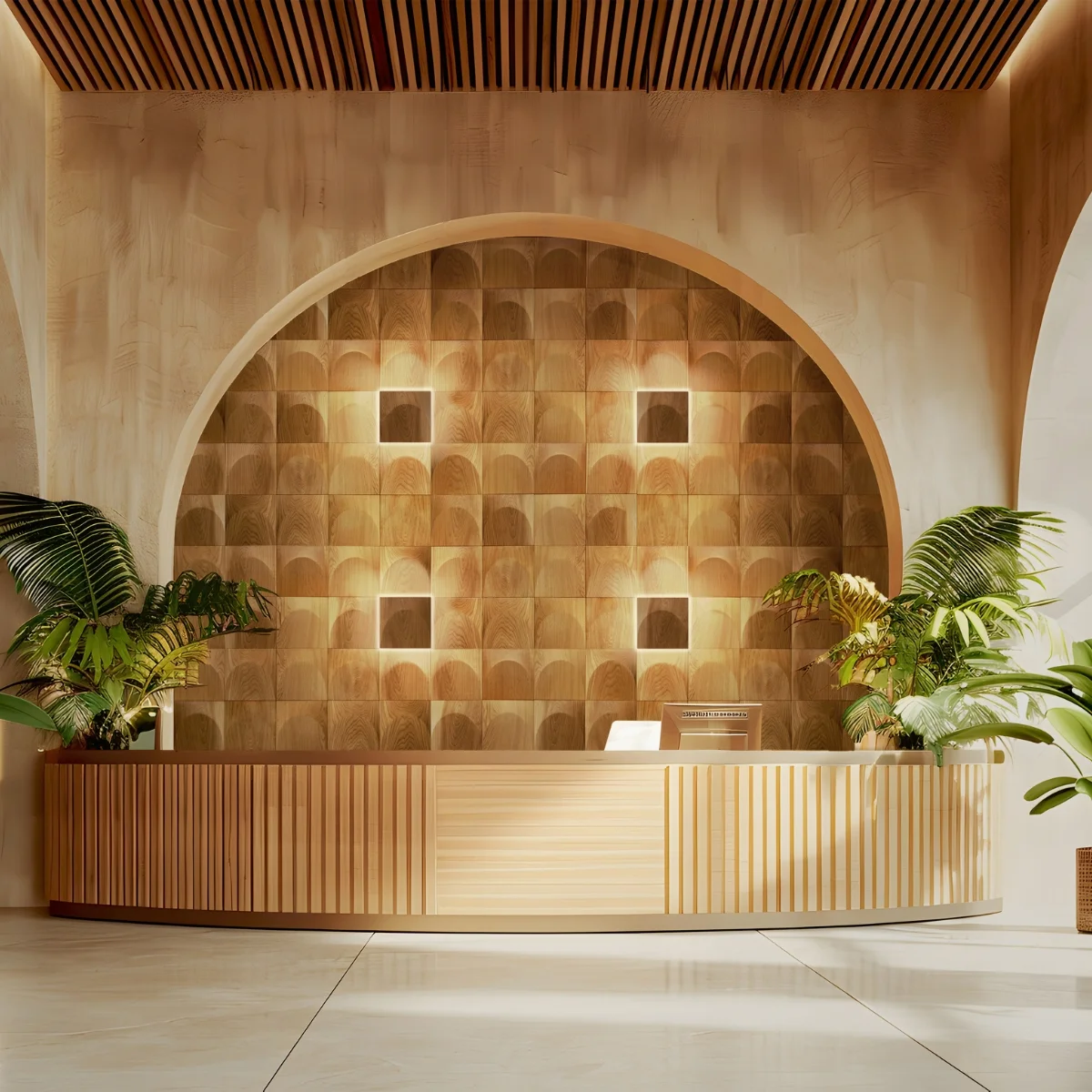 Elegante Holzbeleuchtungspanele in einem modernen Raum mit gewölbter Wand aus wellenförmigen Holzpaneelen, integrierten LED-Lichtern, einem hölzernen Empfangstresen und grünen Pflanzen.