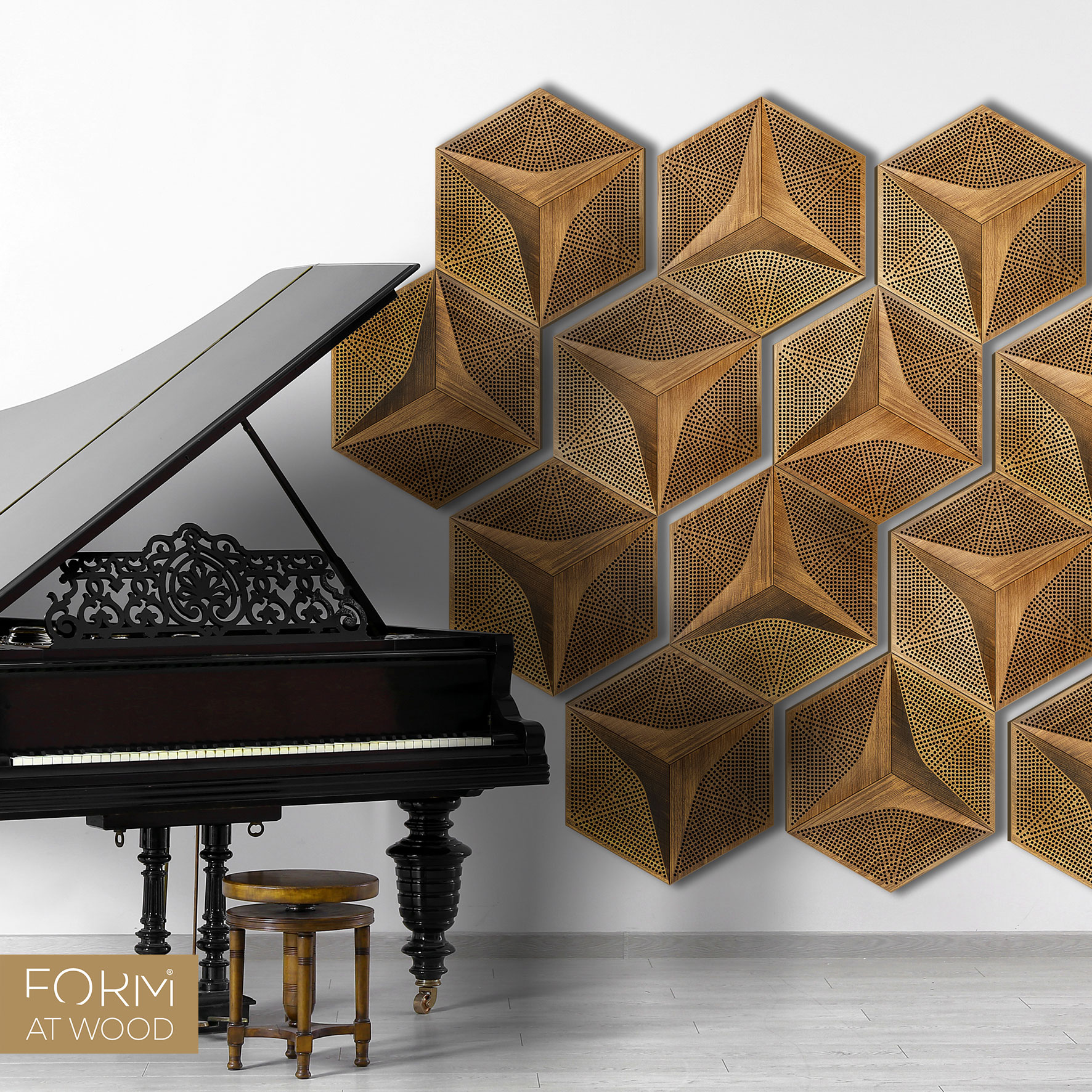 HEXAGO Akustikpaneele Serie mit Klavier